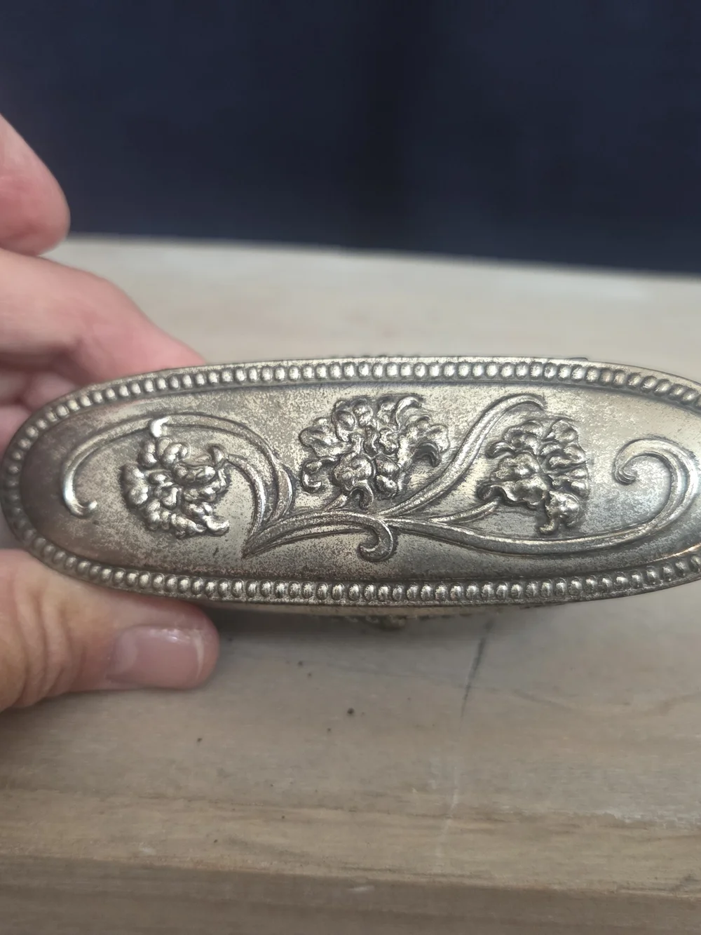 Vintage Ornate Footed Silver Plate Floral Trinket Box w/ Red Felt Interior Bin W